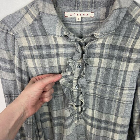 XIRENA Ali Top Dovetail Flannel Ruffle Grey Blouse Size Small Plaid Popover USA - Picture 6 of 10